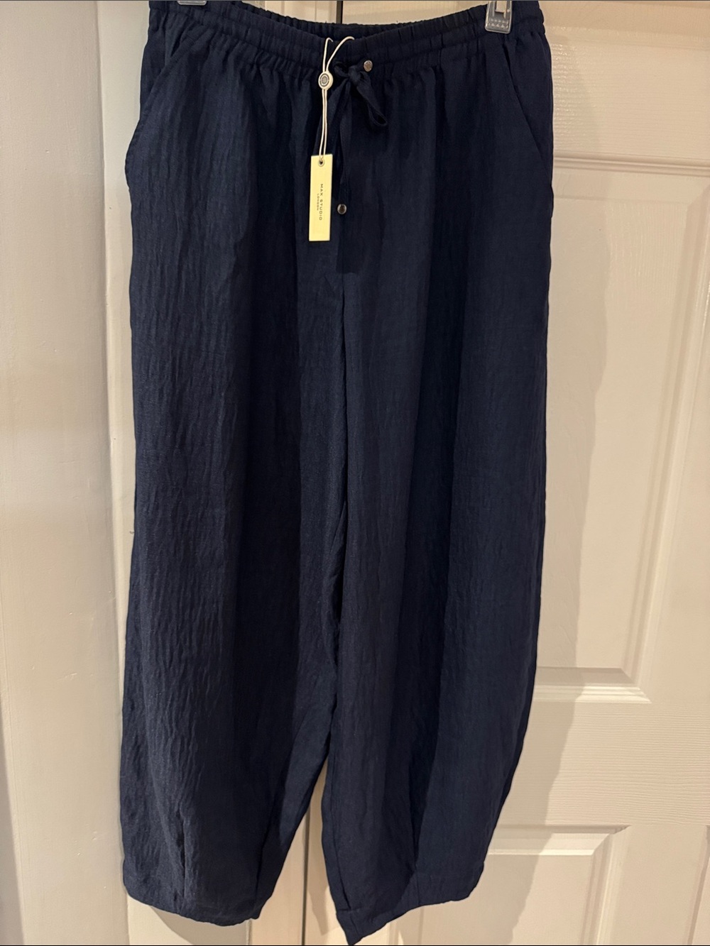 NWT Max Studio Navy Drawstring Linen-Blend Relaxed Chinos